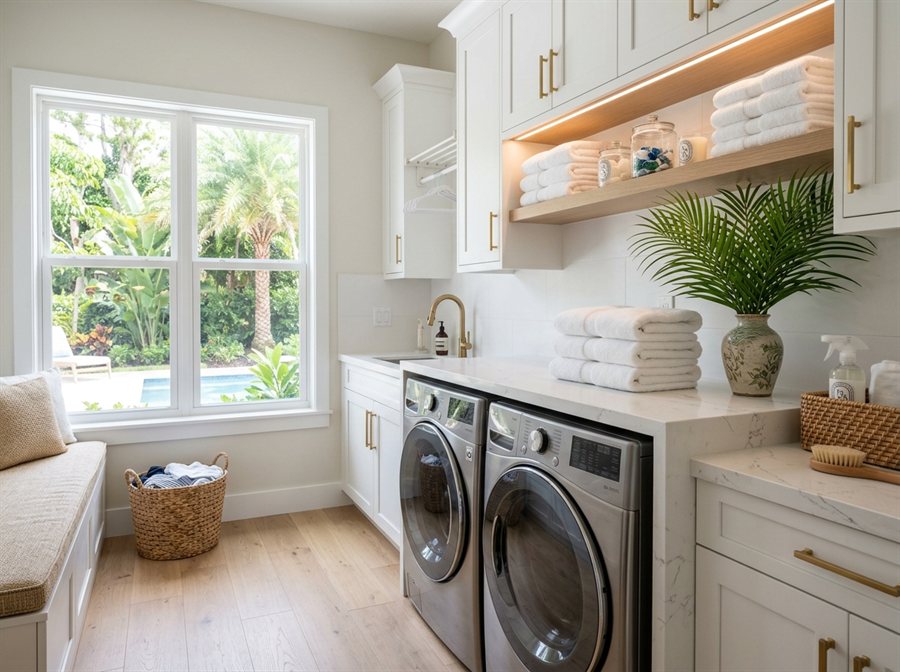 Modern coastal Sarasota home laundry room with high efficiency dryer